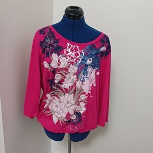 White Stag Shirt Top Size XXL (20) Pink Flowers Garden Cotton Rhinestones